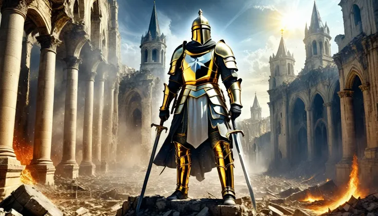 hdr, best image, a soldier of god, templar knight, with drawn sword, with cover, from the heavens, before a destroyed city, whit...