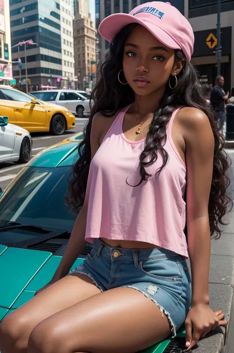 a beautiful girl, darkskin, long and curly hair, blue colored eyes, Bullish, dressed in short pink shorts, a top with a cap, a pink Air Jordan 4, in downtown new york, on top of the hood of a green Lamborghini Galhardo, good lighting, detailded