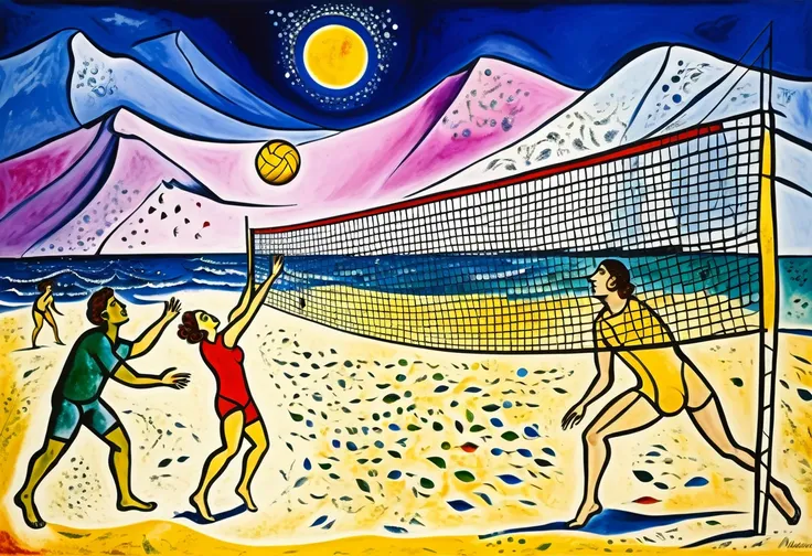 Beach volleyball ((Marc Chagall style)), magic naive art, primitivism, protogen, 
, ((best quality, Masterpiece)), ((Highest detail)), RAW:1,1, 8k