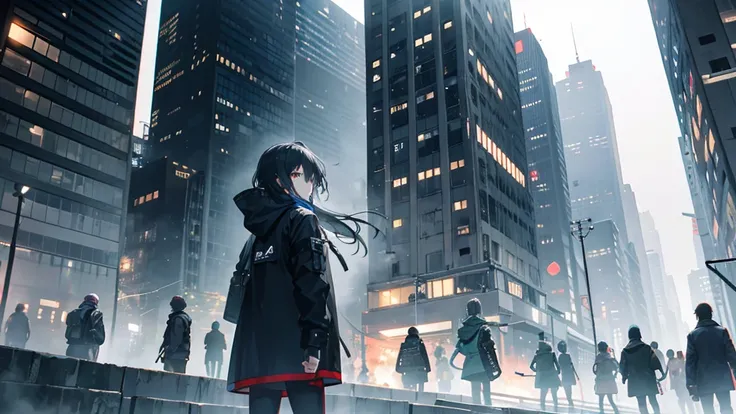 An anime cityscape drenched in gray, with sirens blaring in the distance. The scene captures a bustling city with voices of the restless echoing through the streets. Faces in the crowd are blurred and indistinct, symbolizing the anonymity of city life. In ...