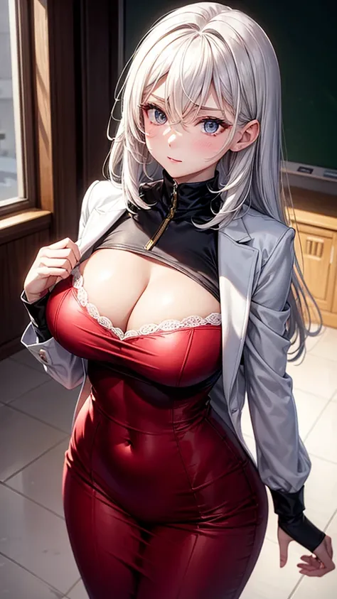 woman
height:135 cm，body weight:50 kg，Hip circumference:80，waistline:54，chest circumference:73，Face shape:Oval face，hair color:white，Eye color:red，clothing:white色JK短裙，Scenes:classroom