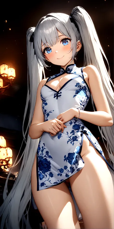 ((32k)), ((best quality)), ((ultra high res)), ((HDR)), ((UHD)), ((extremely detailed CG)), ((unity 32k wallpaper)), ((illustration)), ((cool girl)), ((16 years old)), ((silver hair)), (((very long hair))), ((twintail)), ((blue eyes)), (huge chest), (cleav...