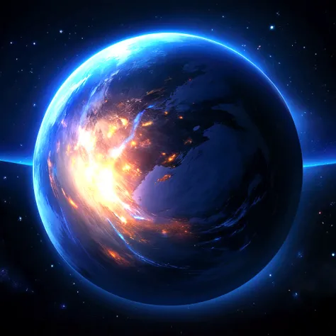 (,High resolution),A spherical water planet in the center of the screen,cg,Computer Graphics,Dark space background,