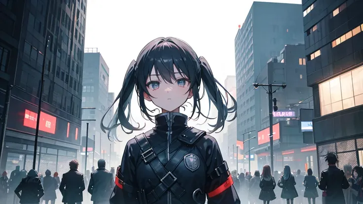 An anime cityscape drenched in gray, with sirens blaring in the distance. The scene captures a bustling city with voices of the restless echoing through the streets. Faces in the crowd are blurred and indistinct, symbolizing the anonymity of city life. In ...