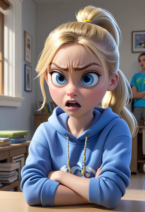 (best quality,4k,8k,highres,masterpiece:1.2),ultra-detailed,(realistic,photorealistic,photo-realistic:1.37),1girl,13yearold,blonde hair,blue eyes,ponytail,blue sweatshirt,angry expression,portrait,disney,pixar,inside out 2 , Riley Andersen 