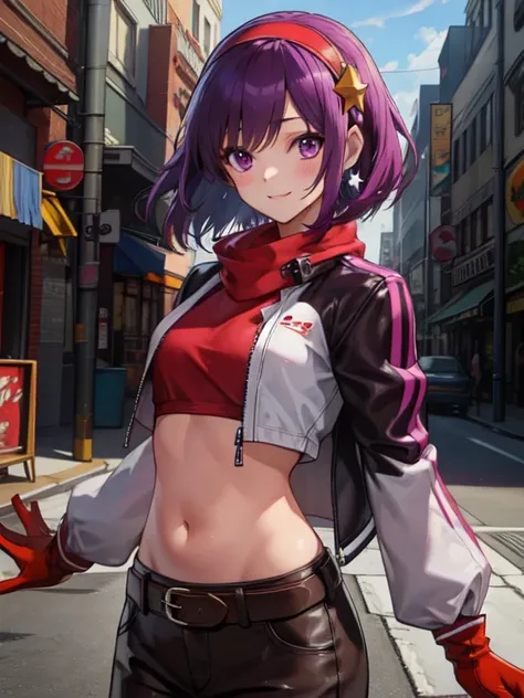 (masterpiece, best quality:1.2), intricate details, athena asamiya, 1 girl, purple hair, bermuda, belly button, hair band, purpl...