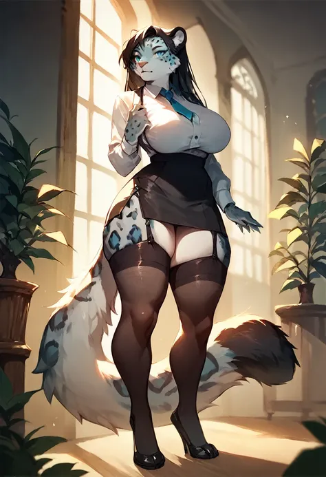 score_9, score_8_up, score_7_up, score_6_up, score_5_up, score_4_up, (solo), female anthro Snow leopard, secretary clothes,mini skirt, lusty, fluffy body, long dark black hair, turquoise eyes, (thick thighs:1.3) (she is standing) , giant breasts, garter be...