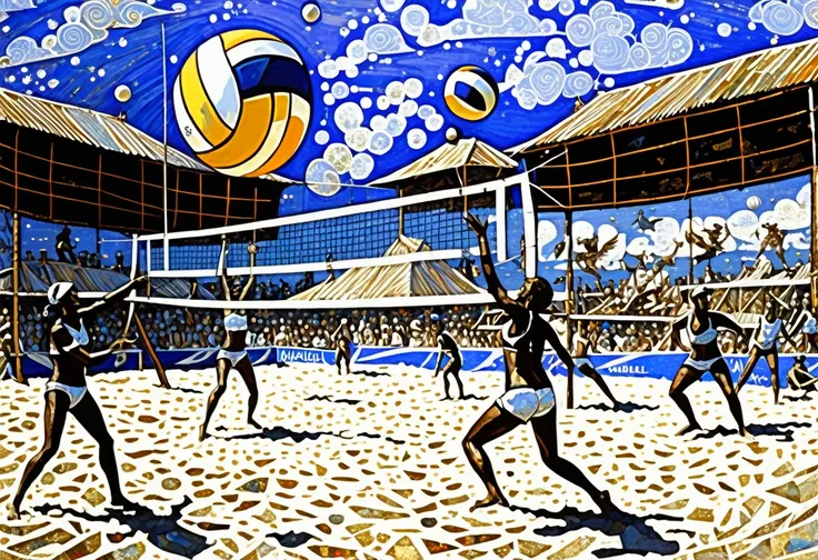 Beach volleyball ((Mikhail Vrubel style)), magic naive art, primitivism, protogen, 
, ((best quality, Masterpiece)), ((Highest detail)), RAW:1,1, 8k