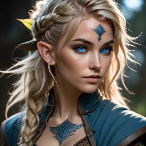 (1 female:1.5), solo, wearing gambeson, ((rune tattoos)), ((Face tattoos)), detailed elf druid girl,  slim body, (smirk:1.1), (nose blush:1.1), (big blue eyes:1.1), (blond hair:1.1), beautiful detailed face, messy hair, cinematic lighting, shot on canon 5d...