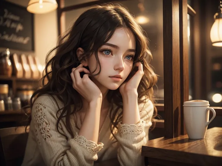 A girl in a coffee shop, listening to music, cozy lofi atmosphere, beautiful detailed eyes, beautiful detailed lips, extremely detailed face and features, porcelain skin, wavy hair, intricate details, warm lighting, cinematic composition, soft focus, film ...