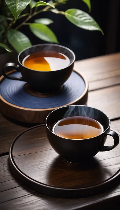 Close-up of tea from black iron pot poured into tea cup,Dark wooden table background.The album cover was inspired by Sesshū Tōyō, shutter, Creation and Production, daoshu, ((Have a cup of tea)), qiangshu, Tea ceremony scene cinematic lighting, from above, ...