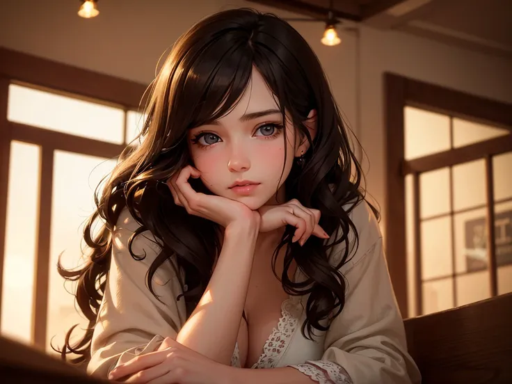 A girl in a coffee shop, listening to music, cozy lofi atmosphere, beautiful detailed eyes, beautiful detailed lips, extremely detailed face and features, porcelain skin, wavy hair, intricate details, warm lighting, cinematic composition, soft focus, film ...