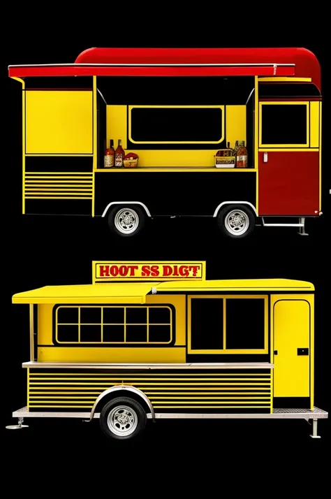 hot dog trailer, black background with two lines, 1 yellow and 1 red