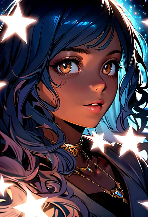 A beautiful girl, big elongated eyes, dark brown eyes, long blue hair, soft lips, brown skin, hair blue, wavy hair, hair bangs, glowy stars on hair, white tip with light blue, neck chain with a white star, right gaze, glow, fantasy