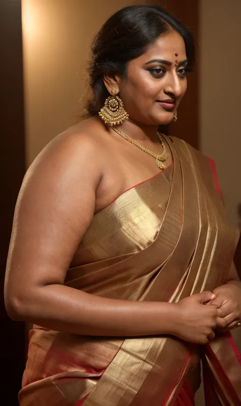 Foto RAW, photorealistic, photography, full body shot, 50 years old Woman, master shot, perfect eyes, goddess like beauty, pierced eyes, perfect thick chubby mallu Desi aunty bhabhi, Wearing a Stanapatta, a chest-band.Saree model, model Photography, Indian...