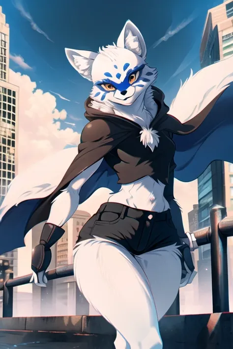 Alopex, arctic fox, furry, blue marks face, tmnt, smile, orange eyes, girl1, solo, park, city, cape, black shirt, black shorts, best quality, masterpiece 