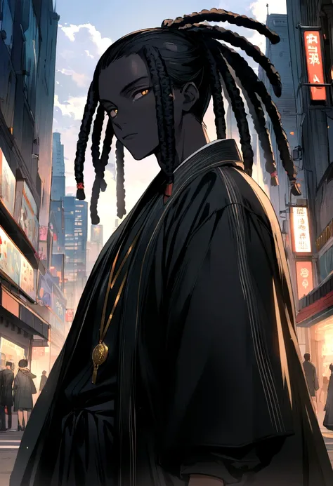 1 man, long black hair with dreadlocks, gold eyes, black skin, wearing black haori, athletic constitution, City, looking at the viewer