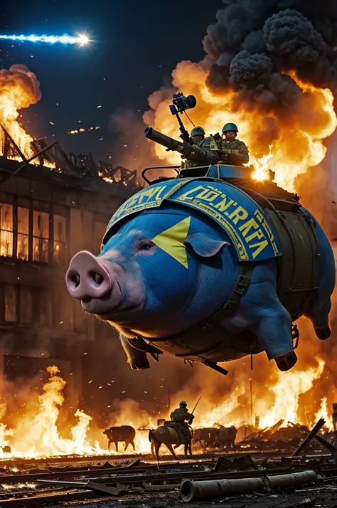 The army of pigs is running towards the Russians. A giant pig in yellow-blue armor and a Ukrainian flag on its back flies next to the army, burning everything with blue-yellow lasers. In the background, Moscow is destroyed and hundreds of Russians are kill...