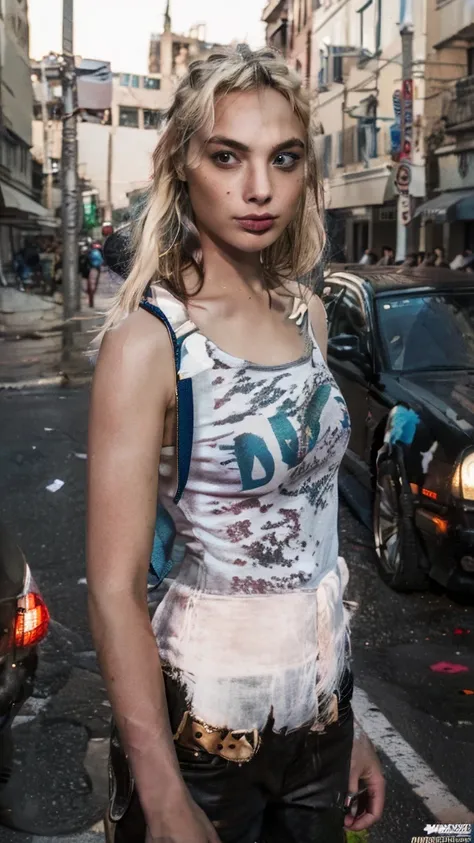 Create a highly detailed and realistic image of Harley Quinn as portrayed by Margot Robbie in "Suicide Squad." She should look beautiful and charismatic, with her signature blonde hair dyed with pink and blue tips. She is wearing a white transparent t-shir...