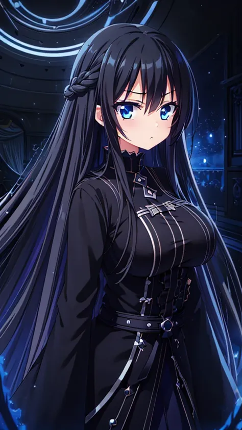 best quality, extremely detailed, anime style girl, long hair down to the waist, straight hair, dark black hair with bluish,crow...