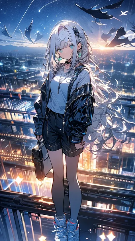 Exquisite detail,Highest quality, One girl, alone, handrail, cloud, Looking up at the buildings,Long Hair, zero, Long sleeve, Power lines, White footwear, Black Hair, View your viewers, Electric pole, bangs, cloudy zero, fish, bird, Green Eyes, Shorts, Day...