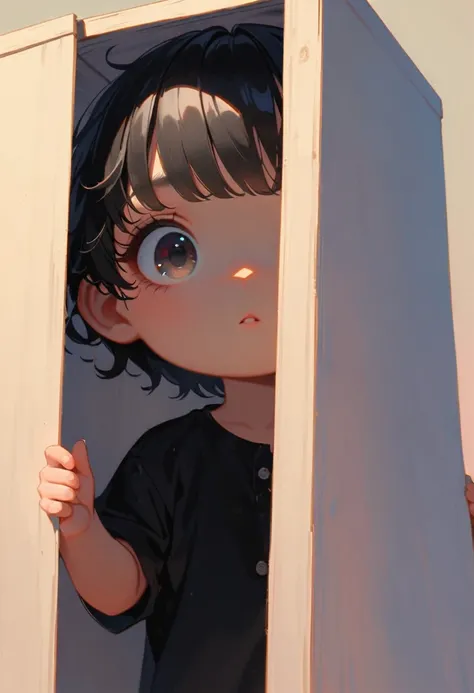 style 9, a tiny man with black eyes, wavy black hair, bangs, hiding behind a wardrobe