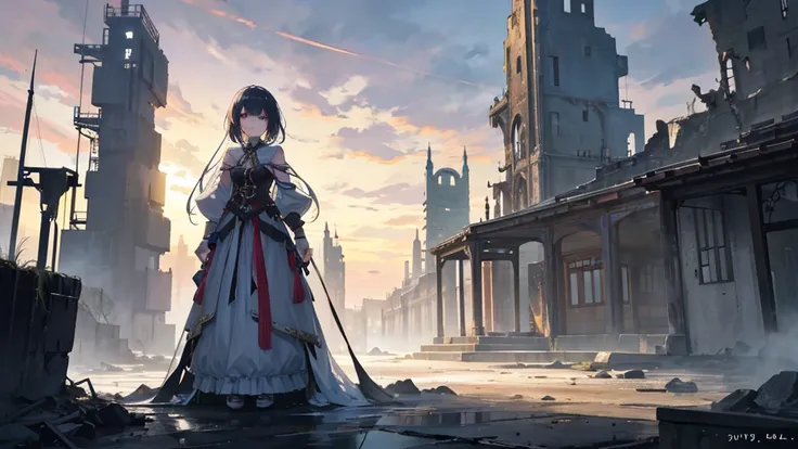 An anime girl standing alone in the dim light of the morning, with a serene yet determined expression on her face. The background shows the remnants of a fantasy world crumbling away, symbolizing the deceitful charm and lies she has left behind. The scene ...