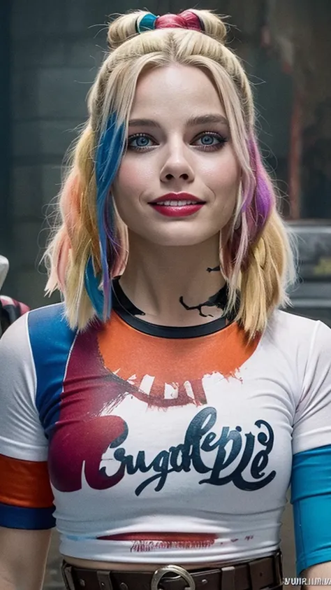 Create a highly detailed and realistic image of Harley Quinn as portrayed by Margot Robbie in "Suicide Squad." She should look beautiful and charismatic, with her signature blonde hair dyed with pink and blue tips. She is wearing a white transparent t-shir...