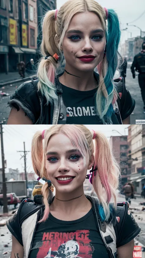 Create a highly detailed and realistic image of Harley Quinn as portrayed by Margot Robbie in "Suicide Squad." She should look beautiful and charismatic, with her signature blonde hair dyed with pink and blue tips. She is wearing a white transparent t-shir...