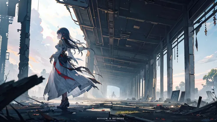 An anime girl standing alone in the dim light of the morning, with a serene yet determined expression on her face. The background shows the remnants of a fantasy world crumbling away, symbolizing the deceitful charm and lies she has left behind. The scene ...