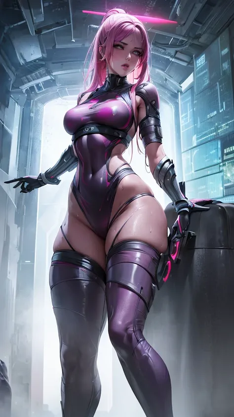 ((Ultra resolution image)), ((HDR MORE)), ((ultra realistic modeling)), high resolution, ((8K)), tall woman, 18-years old, wet pink lips, medium breasts, medium hips , thick-thighs , base ( Sonia Blade Mortal Kombat ), cyberpunk clothing, Neon Blue Mask , ...