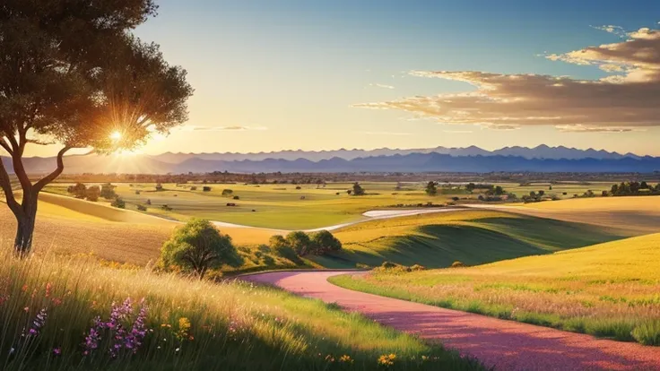 hyper-realistic digital painting of a vast, serene plain stretching out to the horizon, with gently rolling hills covered in tal...