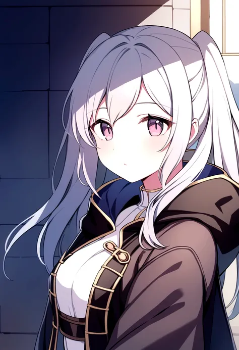 robin fe、cute、solo、woman、wizard robe、detailed face、slender body、castle background