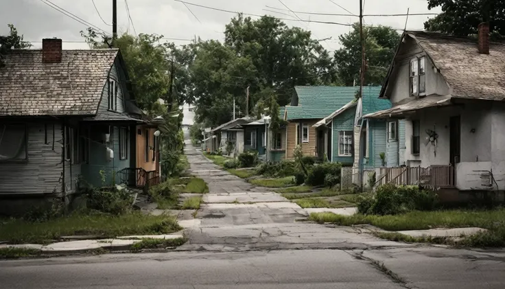 neighborhood, several houses, sinister environment, no people on the street, fear