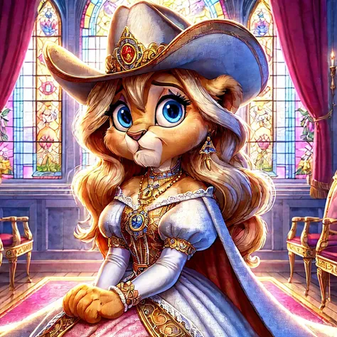 anastasia judy minnie the royal lion cub princess in the royal coronation hall with stained glass windows, wearing a royal cowgi...