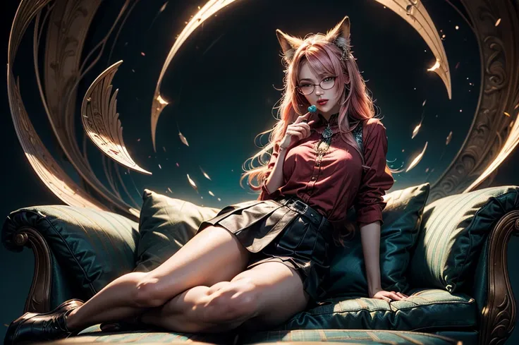 On the luxsurious sofa in seductive pose laying a female kitsune, she have red long hair with pink highlights, charming green eyes. tasty red lips, she dreessed in unbutten blouse, black short skirt high soking and snickers, also she wear glasses, she hold...