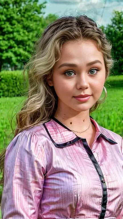 brec bassinger wearing traditional dutch outfit, a basket of clothes in her hands,full body, (praire and sunny day in background...