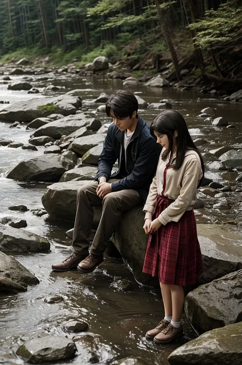 Anime of a girl standing crying because her foot got stuck in the middle of some rocks next to a stream and her boy friend is next to her looking at her worried 
