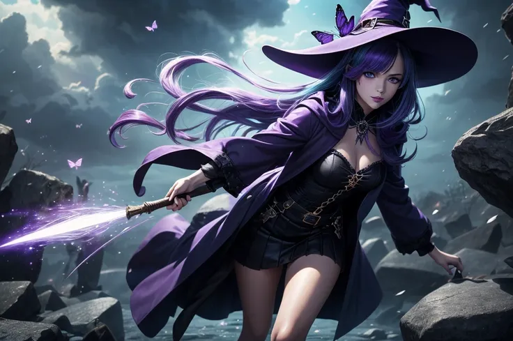 in the middle of so the storm on the stone field stand beatiful witch, she have a beautiful face with blue eyes shining purple l...