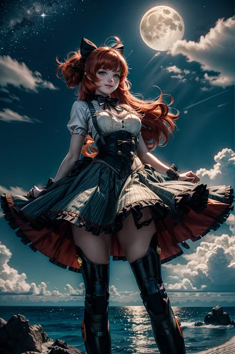 night, moon, stars, cowboy shot, (dynamic pose), smile,  underbust, Penny Polendina, long red hair, neck ribbon, suspender skirt, corset, black bow, white blouse, mechanical legs, neon trim, flying in the sky, over ocean, blue sky, clouds (volumetric light...