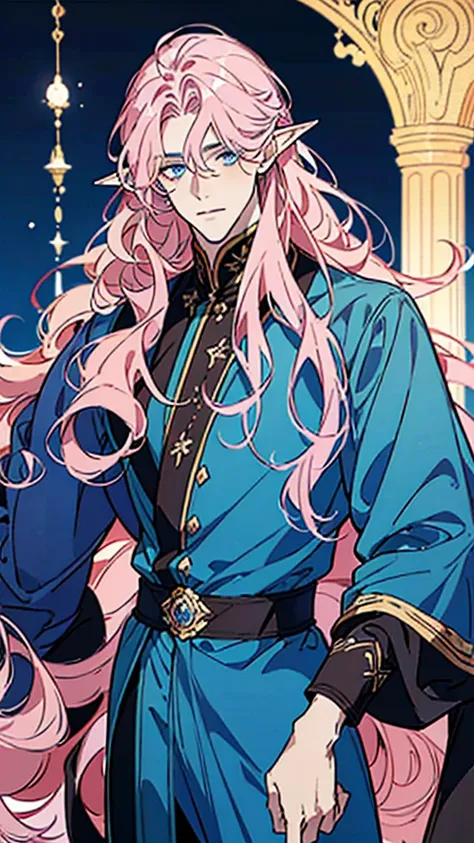 ((masterpiece)), ((one man)), man, man in late 30s, dark skin, blue eyes, detailed eyes, elve ears, pink hair, long hair, long c...