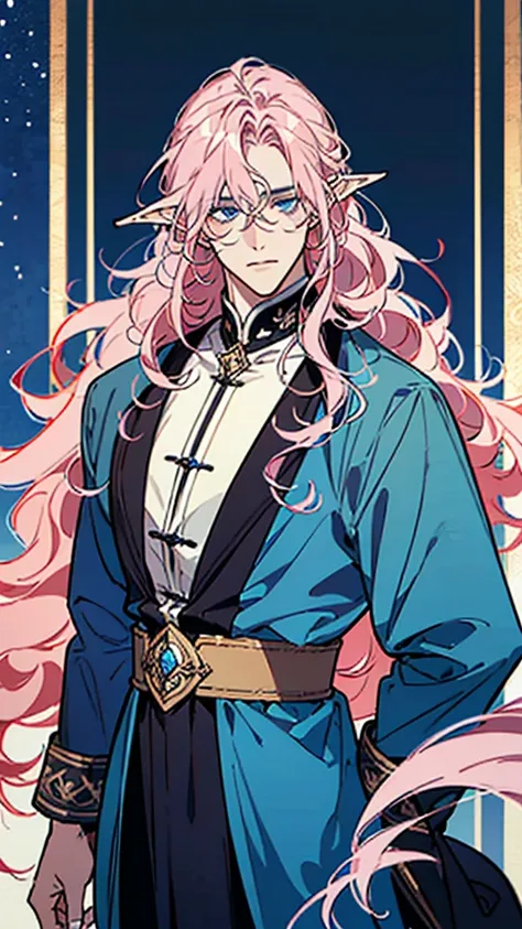 ((masterpiece)), ((one man)), man, man in late 30s, dark skin, blue eyes, detailed eyes, elve ears, pink hair, long hair, long c...