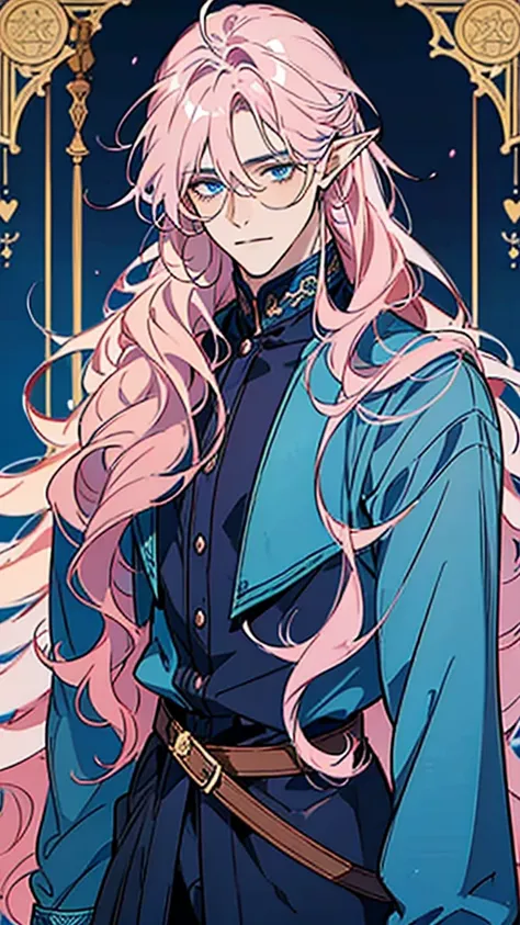 ((masterpiece)), ((one man)), man, man in late 30s, dark skin, blue eyes, detailed eyes, elve ears, pink hair, long hair, long c...