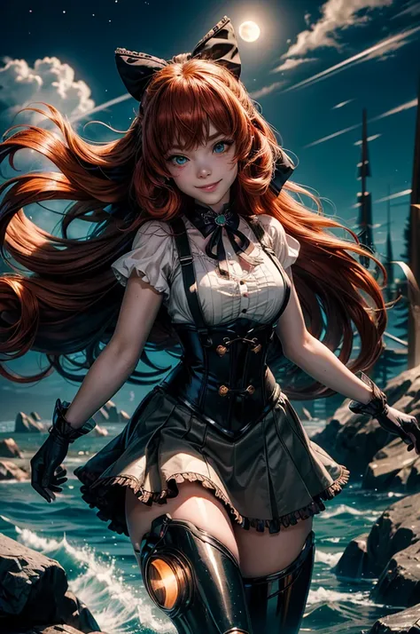 night, moon, stars, cowboy shot, (dynamic pose), smile,  underbust, Penny Polendina, long red hair, neck ribbon, suspender skirt, corset, black bow, white blouse, mechanical legs, neon trim, flying in the sky, over ocean, blue sky, clouds (volumetric light...