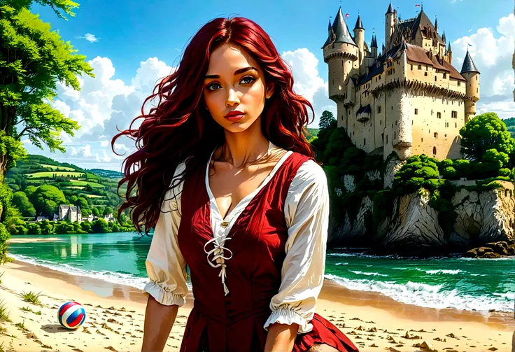 a masterful picture of a woman playing volley ball on an on coast of the Loir river, an extraordinary beautiful renaissance woman, long hair, wavy hair, dynamic hair color, dynamic eye color, playing volley ball in a beautiful beach on the Loir river, best...