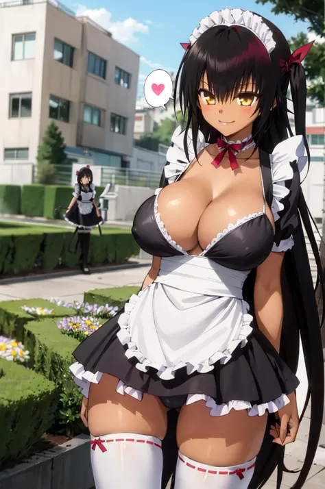 1girl, aster nemesis, ((dark-skinned)) , black hair, very long hair, yellow eyes, , twin tails, looking below, , , tanned body,, ,,,,,(spoken heart),(((maid costume))),miniskirt,thighhighs,,,smile,((huge breasts)),garden,cowboy shot,bikini top