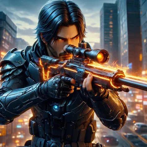 Upper body photograph of (JohnnyCyber:1.2) aiming his silver-cyberpunk sniper rifle, cyberpunk clothes with samurai design prints, (face of Keanu Reeves:1.2), (robotic-left-arm:1.3), brown pilot sunglasses, detailed face and skin, (cyberpunk-hotel-room:1.2...