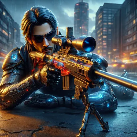 Upper body photograph of (JohnnyCyber:1.2) aiming his silver-cyberpunk sniper rifle, cyberpunk clothes with samurai design prints, (face of Keanu Reeves:1.2), (robotic-left-arm:1.3), brown pilot sunglasses, detailed face and skin, (cyberpunk-hotel-room:1.2...