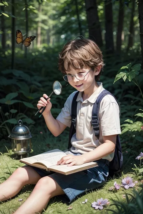 , boy, reading a book, sitting on the floor of the forest, surrounded by butterflies and other bugs, smilling, surrounded by a magnifying glass, a binocular, and a notebook with some drawings os animals, Pixar