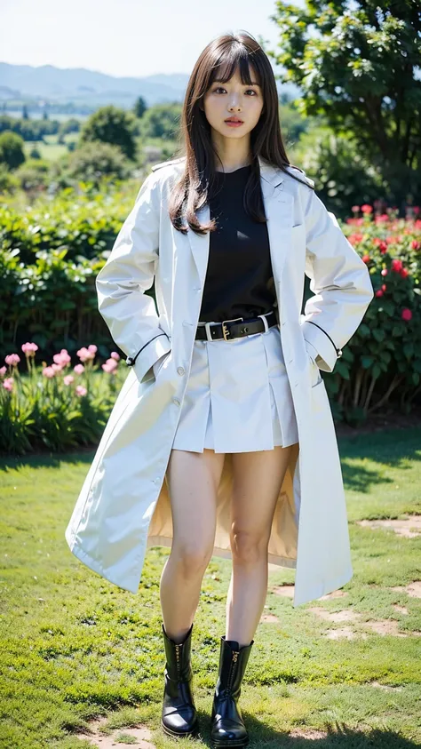 (8K、RAW Photos、Highest quality、masterpiece:1.2)、(Realistic、Realistic)、1 Girl、((White long coat、Black mini skirt、Thin legs、whole body、boots、one piece、garden、View from the front、Looking into the camera、belt、Stand with hands on hips))、cute